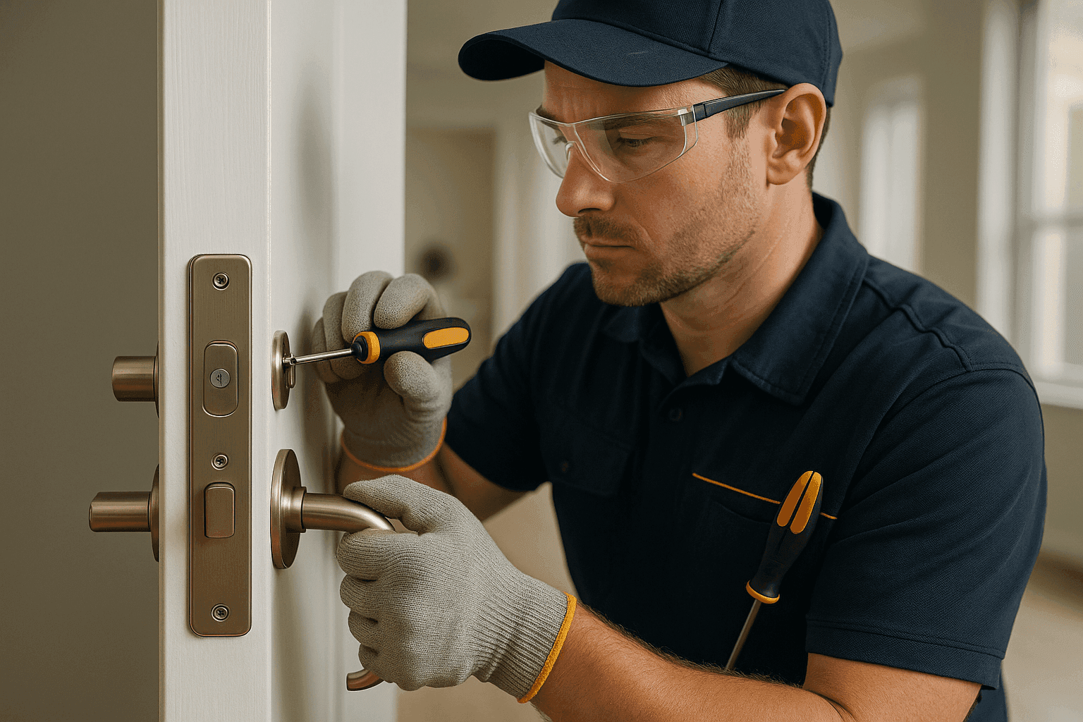 Professional locksth wearing safety gloves and goggles installing a modern lock on a door in a clean workspace