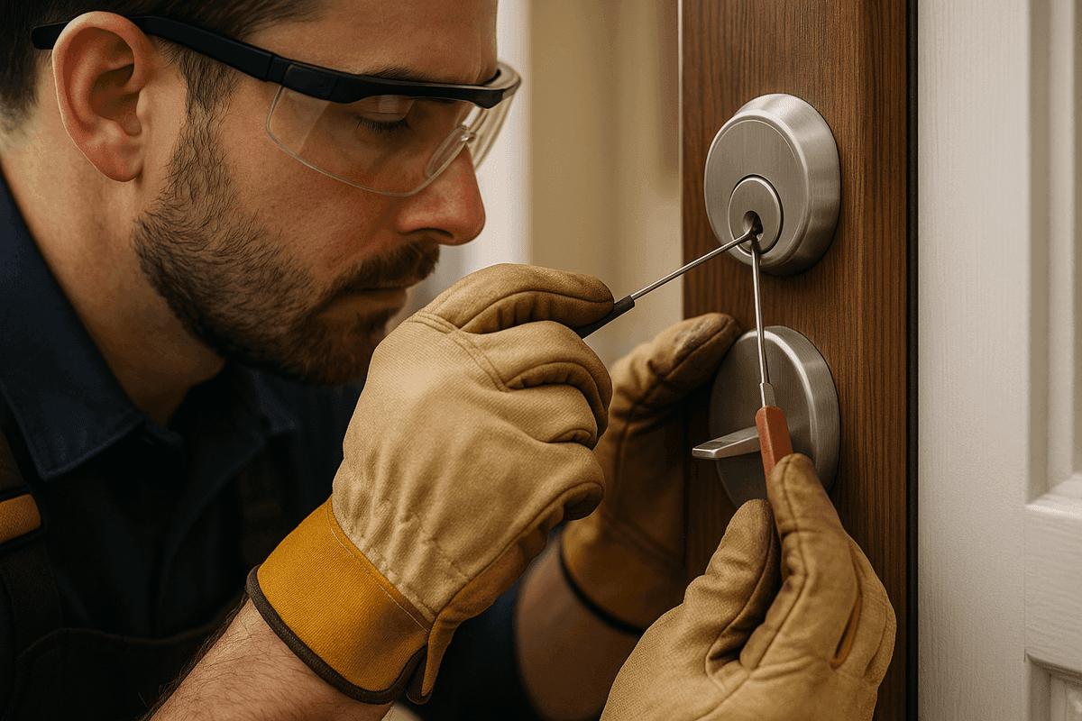 Close-up of locksth’s gloved hands picking a modern residential door lock with precise tools