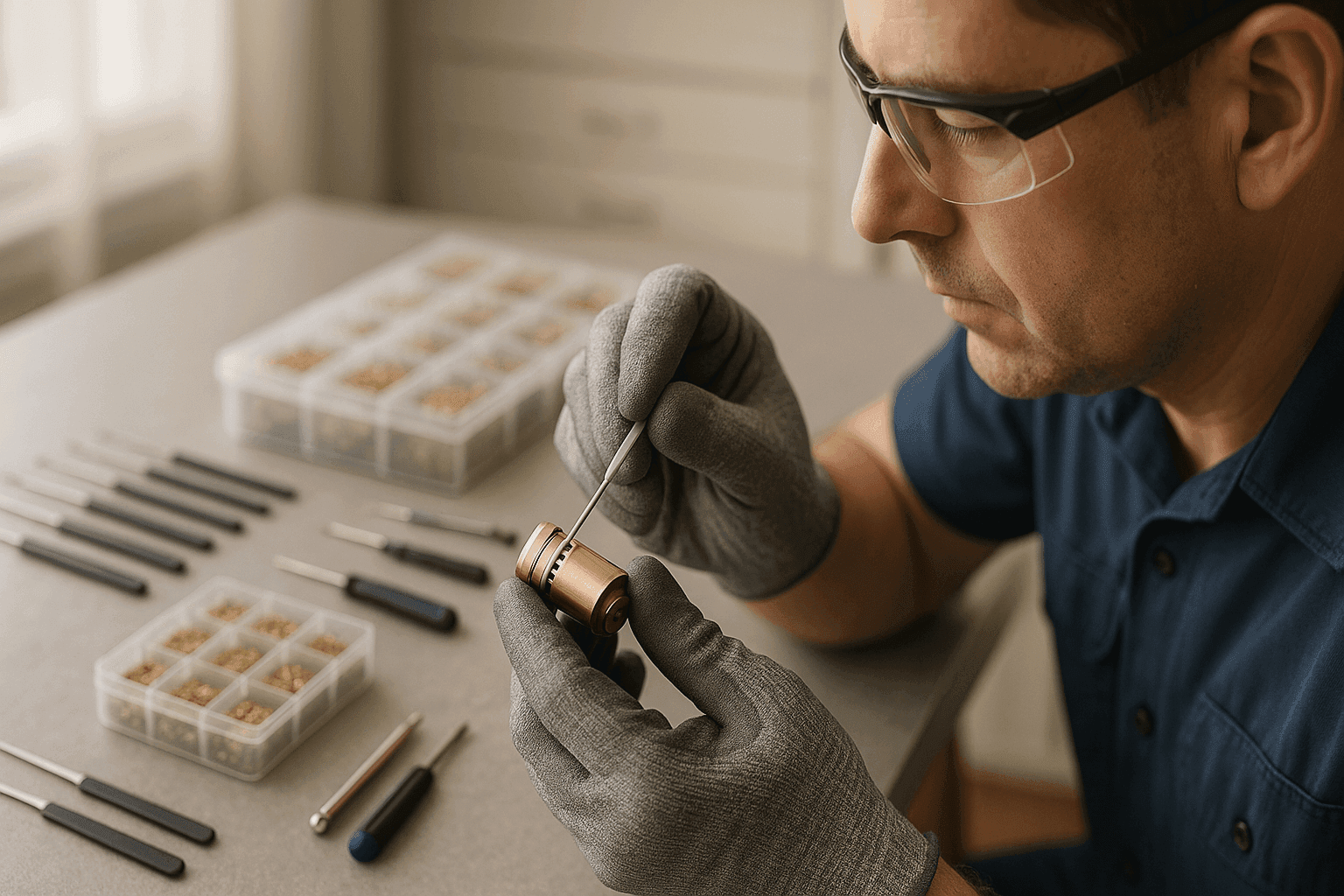 Locksmith rekeying a door lock with tools on a clean work surface